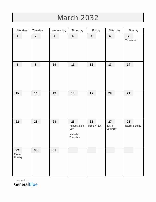 Sweden March 2032 Calendar with Holidays