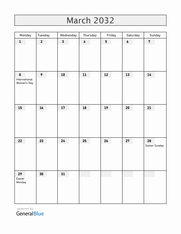 Slovenia March 2032 Calendar with Holidays