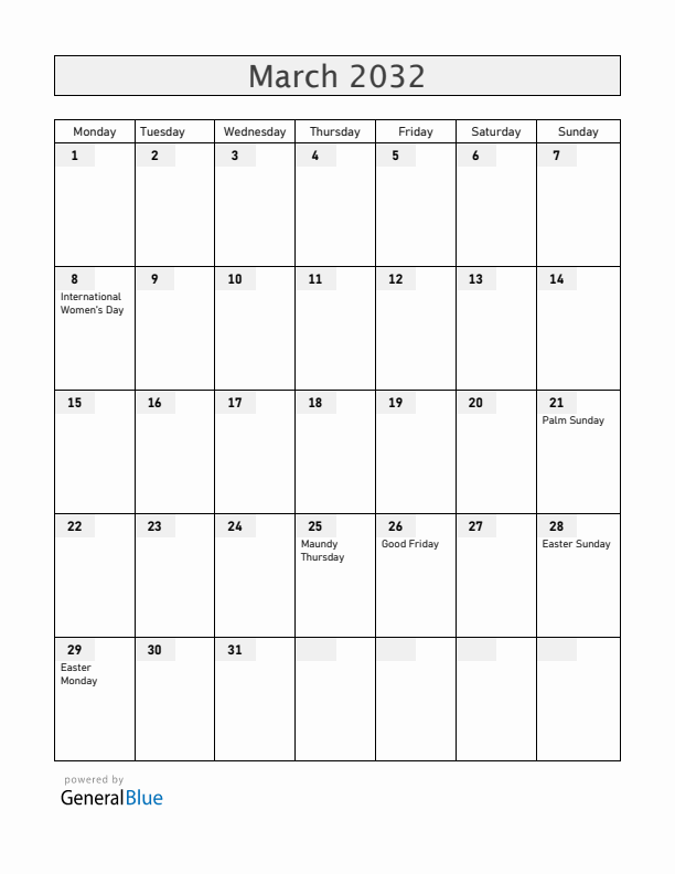 Svalbard and Jan Mayen March 2032 Calendar with Holidays