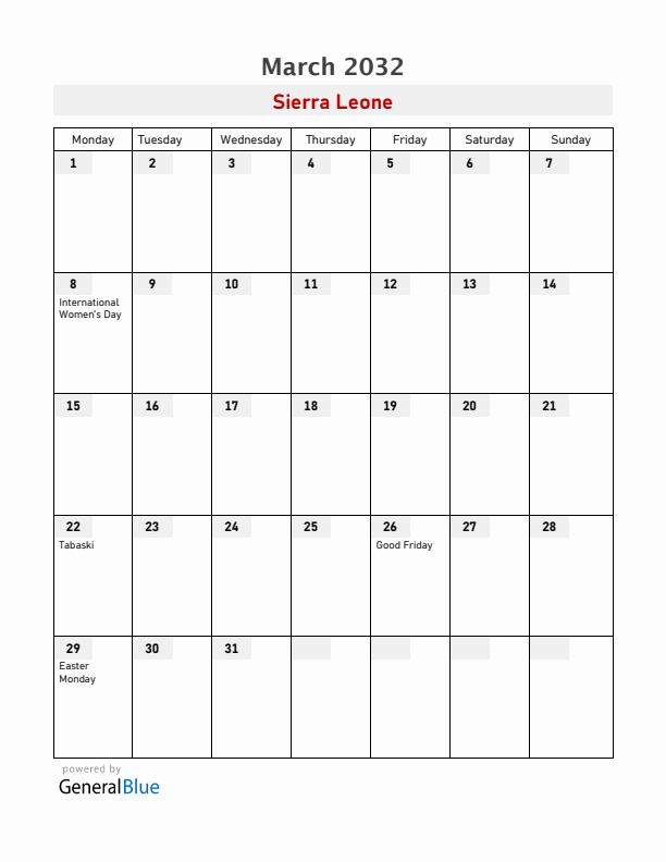 Sierra Leone March 2032 Calendar with Holidays