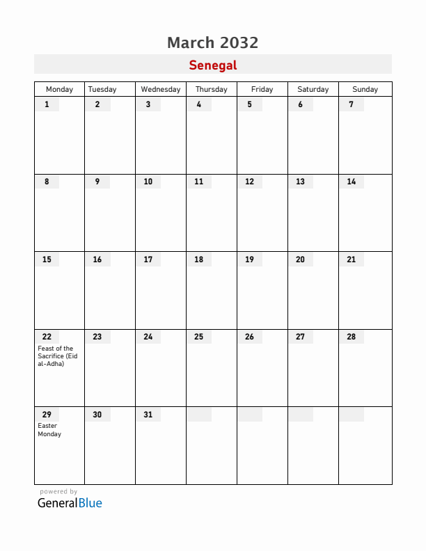 Senegal March 2032 Calendar with Holidays