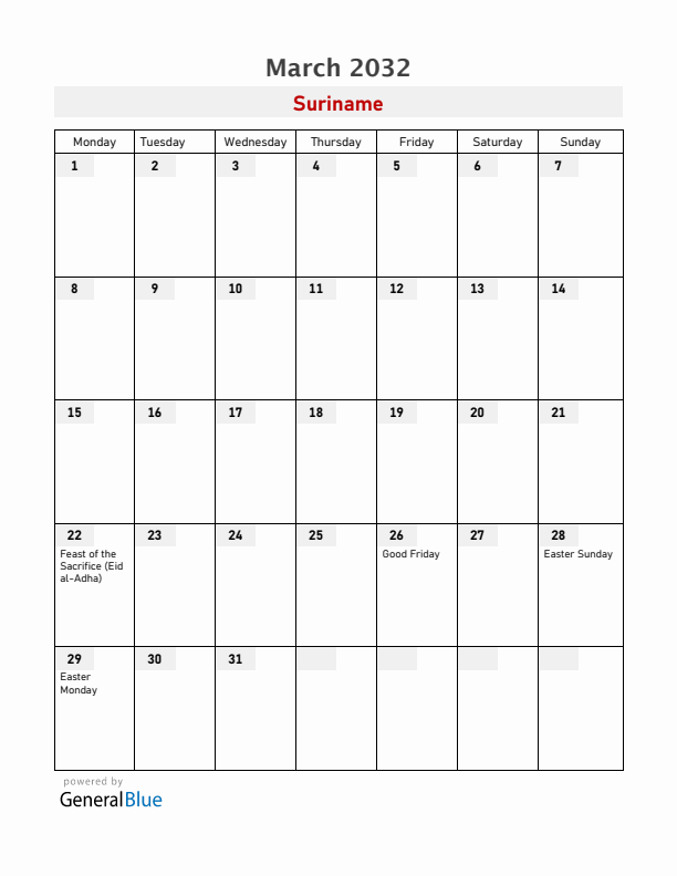 Suriname March 2032 Calendar with Holidays