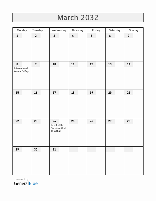 South Sudan March 2032 Calendar with Holidays