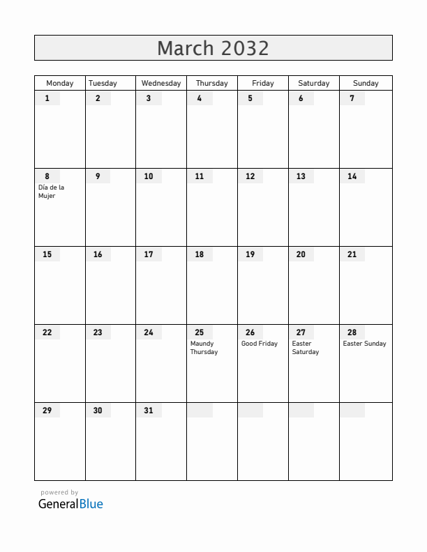 El Salvador March 2032 Calendar with Holidays