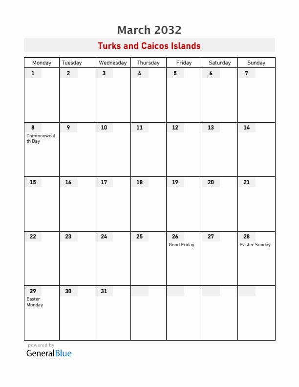 Turks and Caicos Islands March 2032 Calendar with Holidays
