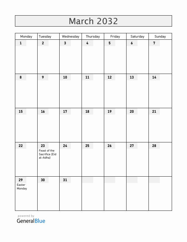 Togo March 2032 Calendar with Holidays
