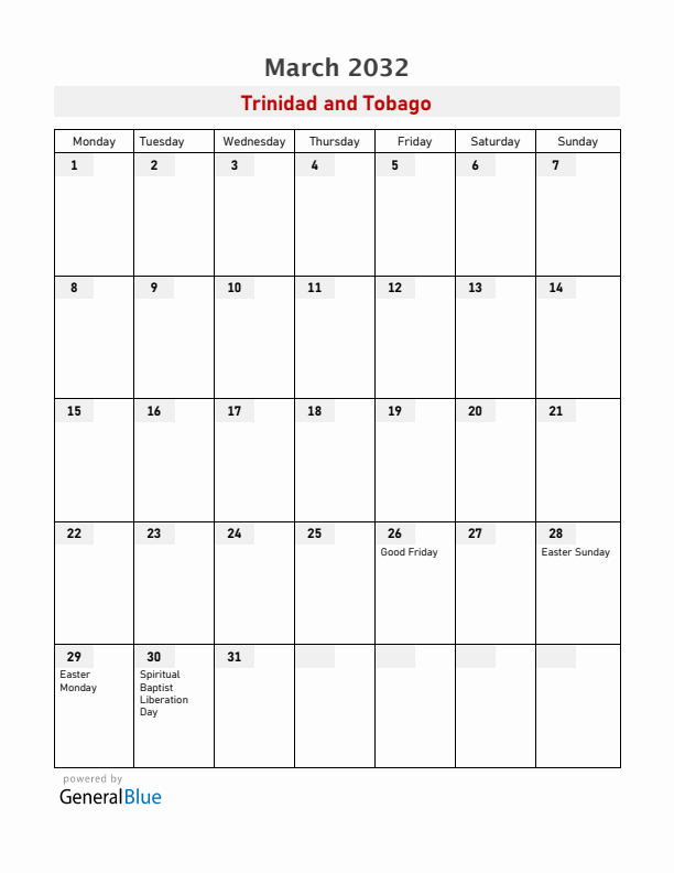 Trinidad and Tobago March 2032 Calendar with Holidays