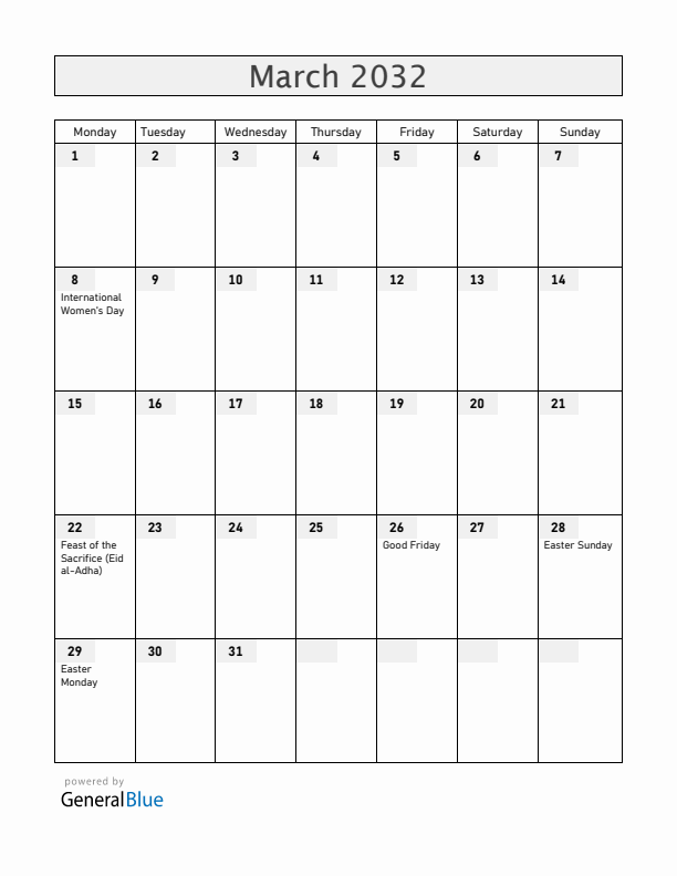 Uganda March 2032 Calendar with Holidays