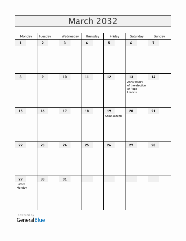 Vatican March 2032 Calendar with Holidays