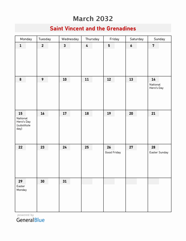 Saint Vincent and the Grenadines March 2032 Calendar with Holidays