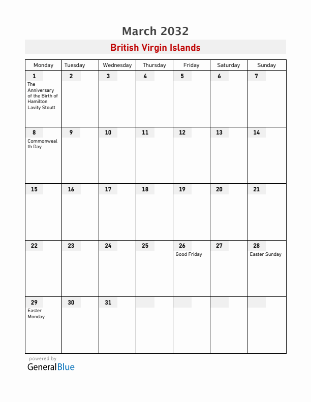 British Virgin Islands March 2032 Calendar with Holidays