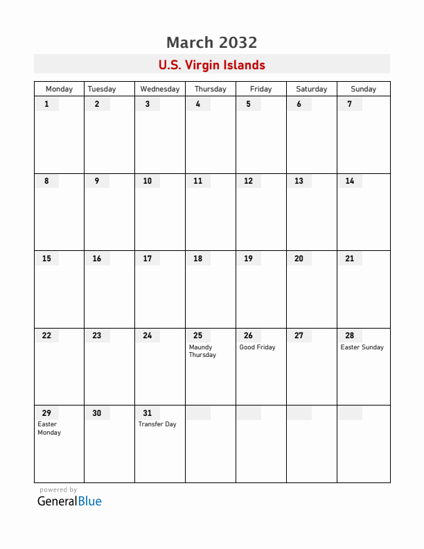 U.S. Virgin Islands March 2032 Calendar with Holidays
