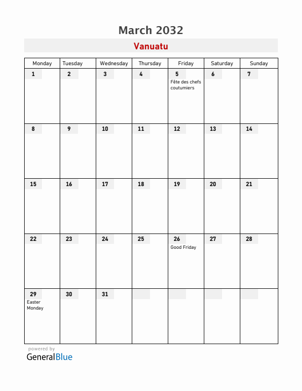 Vanuatu March 2032 Calendar with Holidays