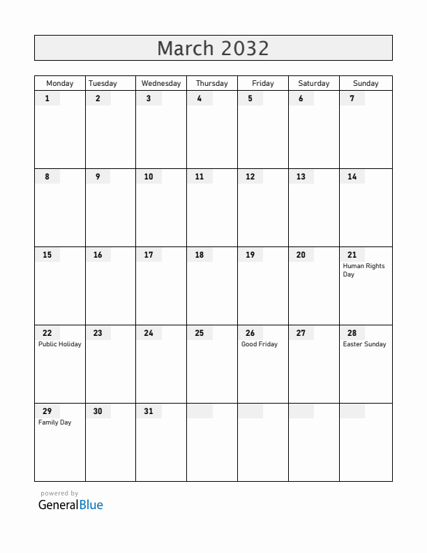 South Africa March 2032 Calendar with Holidays