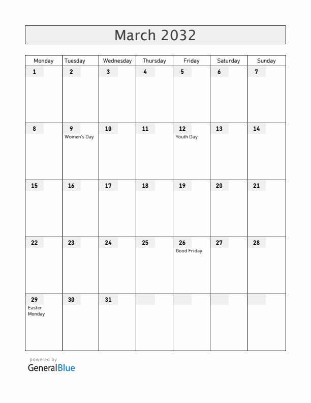 Zambia March 2032 Calendar with Holidays