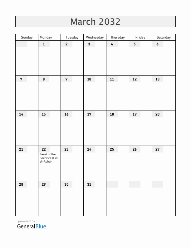 United Arab Emirates March 2032 Calendar with Holidays