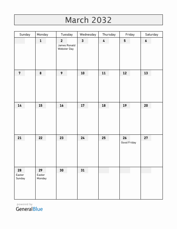 Anguilla March 2032 Calendar with Holidays