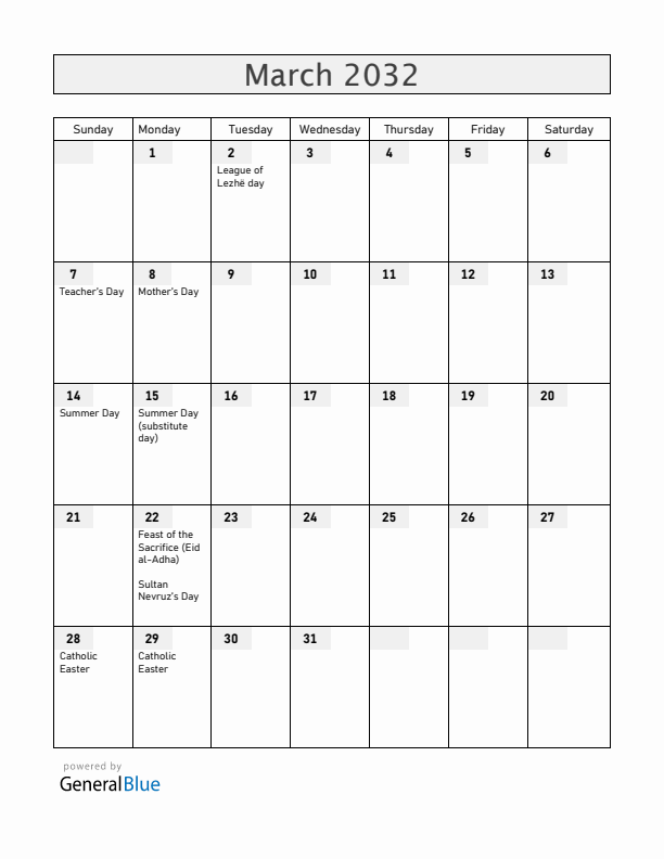 Albania March 2032 Calendar with Holidays