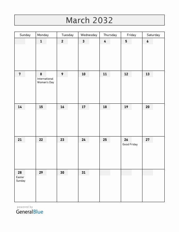Angola March 2032 Calendar with Holidays