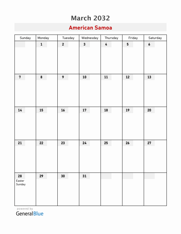 American Samoa March 2032 Calendar with Holidays
