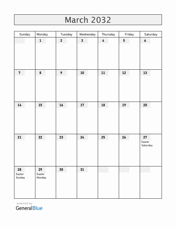 Austria March 2032 Calendar with Holidays