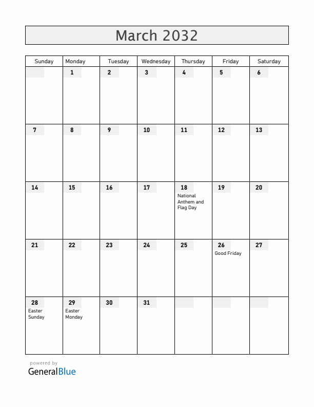 Aruba March 2032 Calendar with Holidays