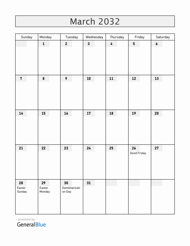 Aland Islands March 2032 Calendar with Holidays