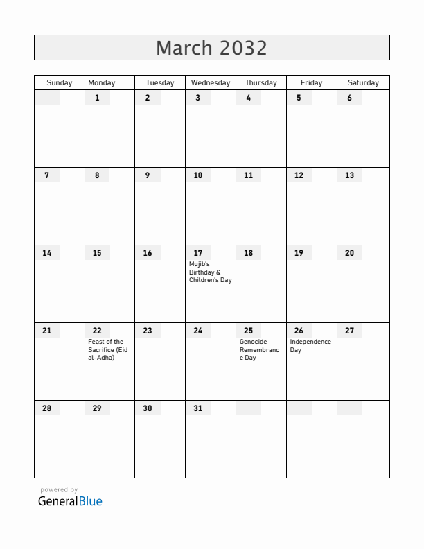Bangladesh March 2032 Calendar with Holidays