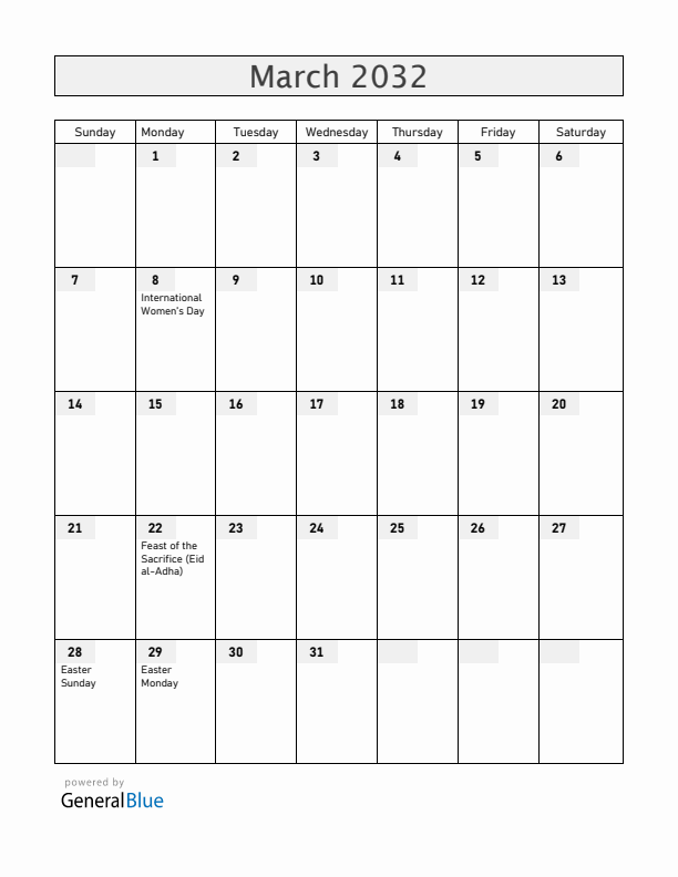 Burkina Faso March 2032 Calendar with Holidays