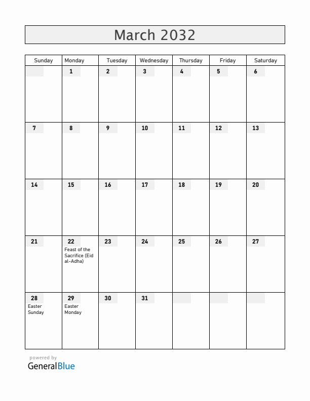 Benin March 2032 Calendar with Holidays