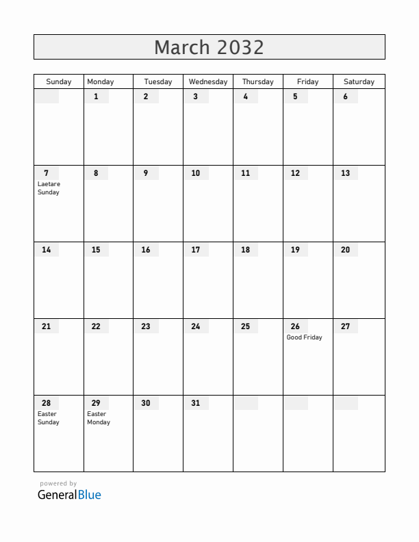 Saint Barthelemy March 2032 Calendar with Holidays