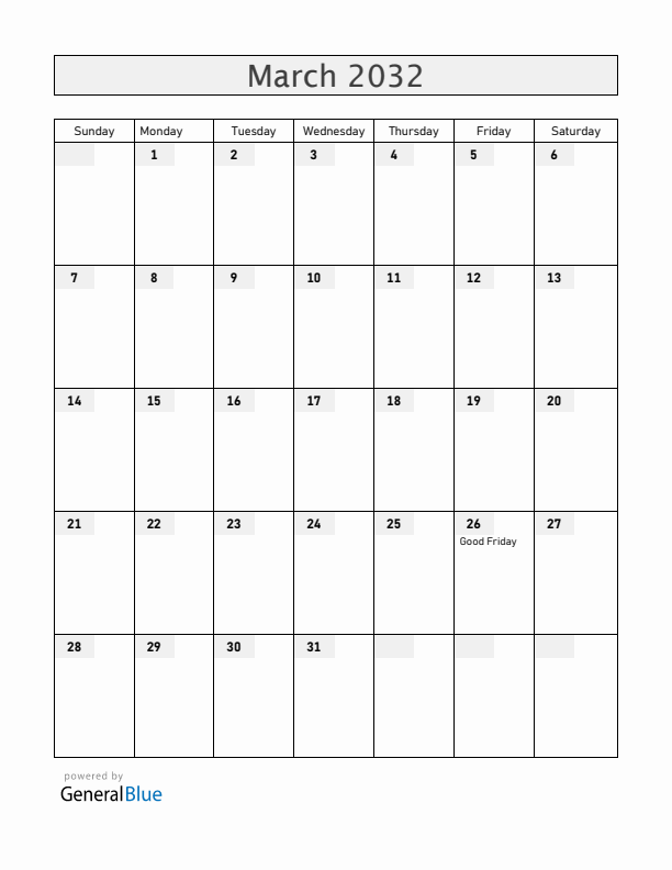 Bermuda March 2032 Calendar with Holidays