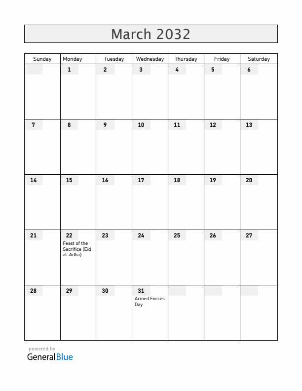 Brunei March 2032 Calendar with Holidays