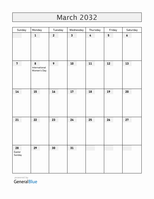 Belarus March 2032 Calendar with Holidays