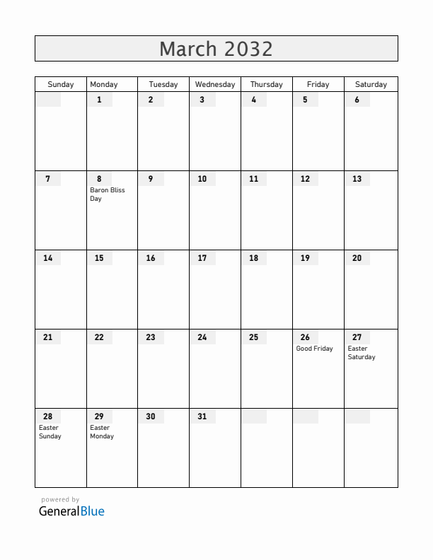 Belize March 2032 Calendar with Holidays