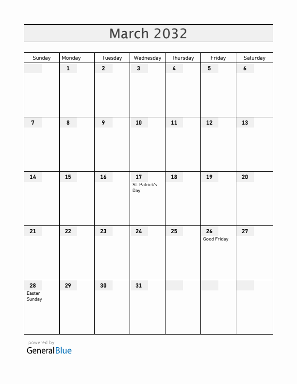 Canada March 2032 Calendar with Holidays
