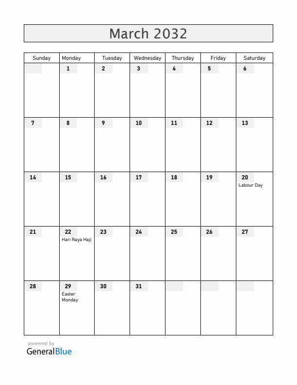 Cocos Islands March 2032 Calendar with Holidays