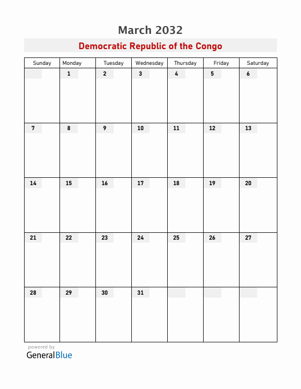 Democratic Republic of the Congo March 2032 Calendar with Holidays