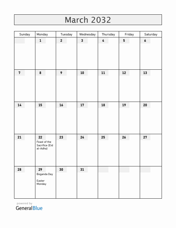 Central African Republic March 2032 Calendar with Holidays