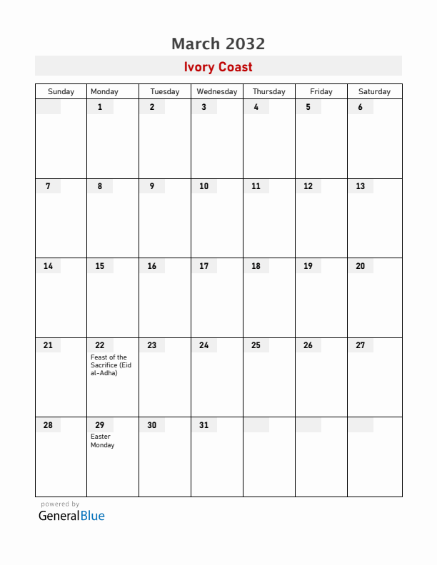 Ivory Coast March 2032 Calendar with Holidays