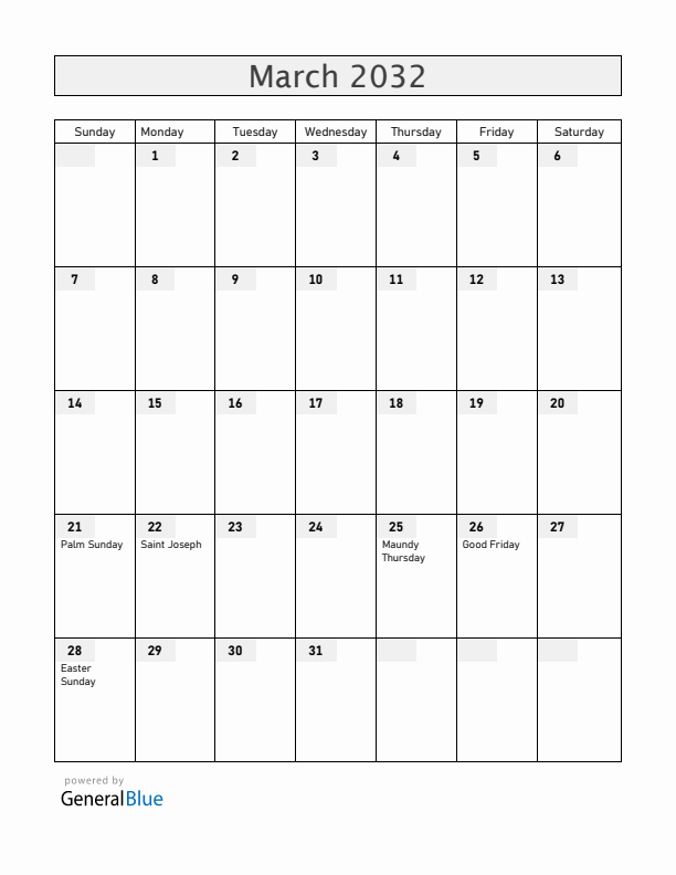 Colombia March 2032 Calendar with Holidays