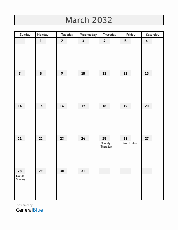 Costa Rica March 2032 Calendar with Holidays