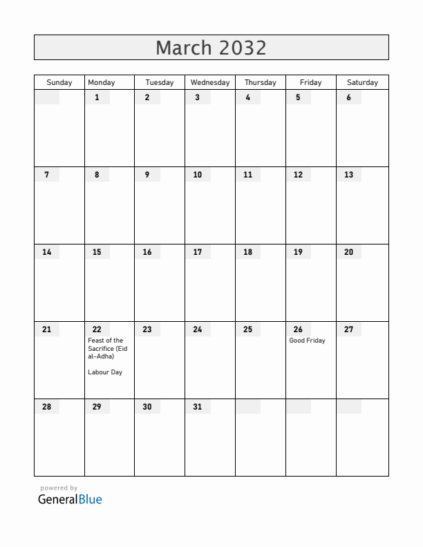 Christmas Island March 2032 Calendar with Holidays