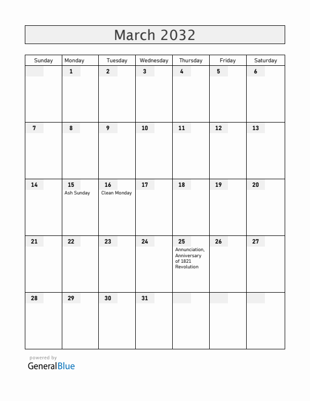Cyprus March 2032 Calendar with Holidays