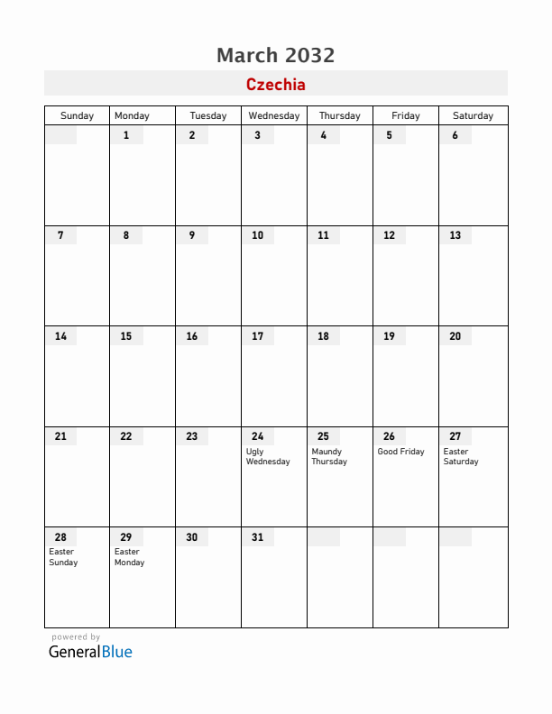 Czechia March 2032 Calendar with Holidays