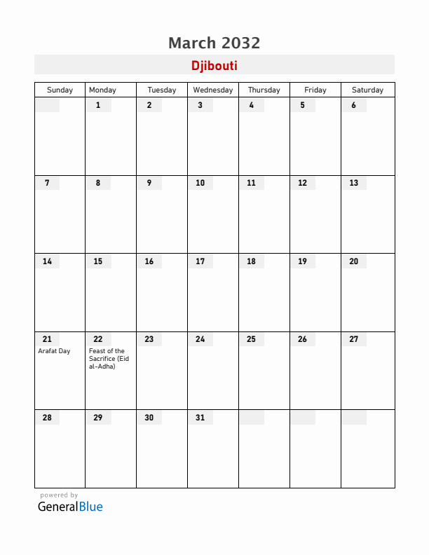 Djibouti March 2032 Calendar with Holidays