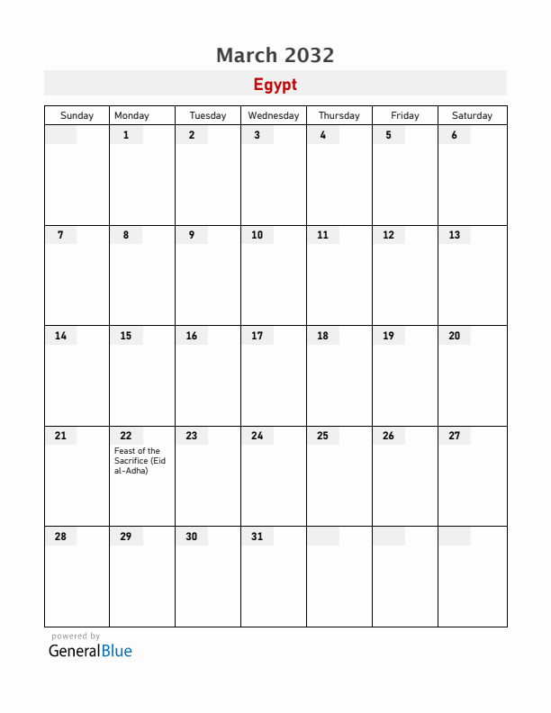 Egypt March 2032 Calendar with Holidays