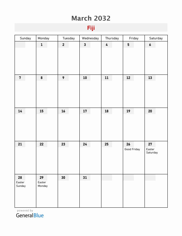 Fiji March 2032 Calendar with Holidays