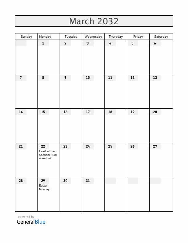 Gabon March 2032 Calendar with Holidays