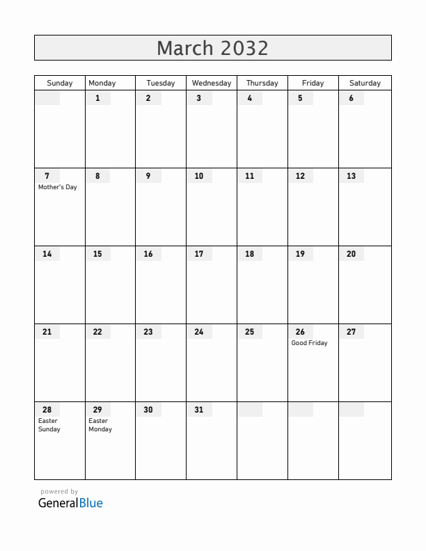 Guernsey March 2032 Calendar with Holidays